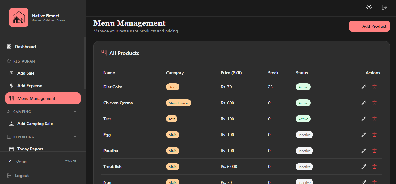 Native Resort admin room management CMS