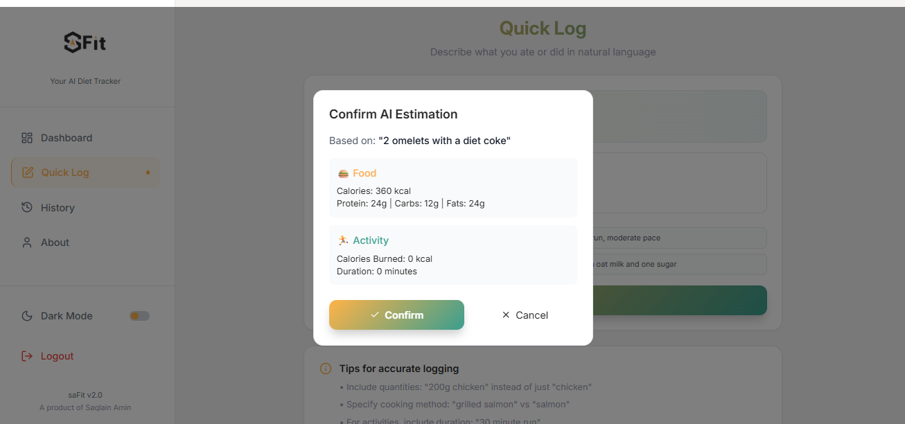 SaFit meal logging with AI food recognition from a photo