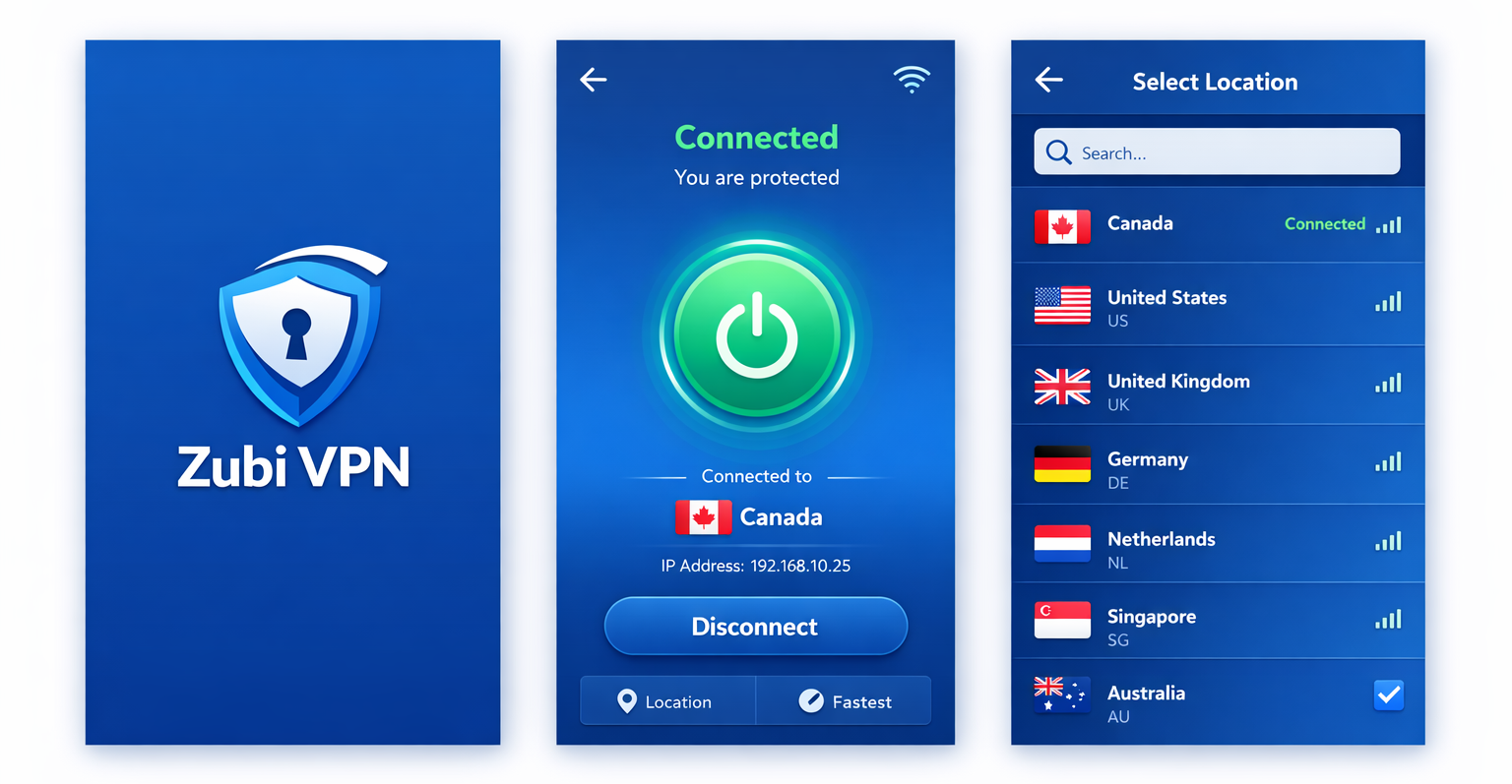Zubi VPN home screen — server selection and connect button