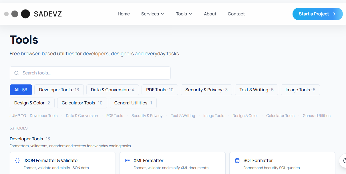 SADEVZ Tools index showing 53 utilities across nine categories